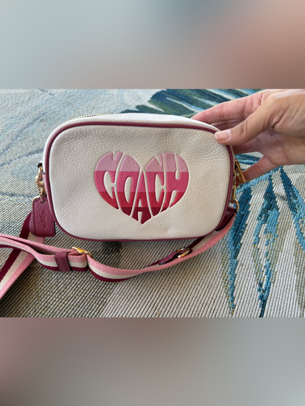 COACH White Crossbody Bag with Pink Heart Logo